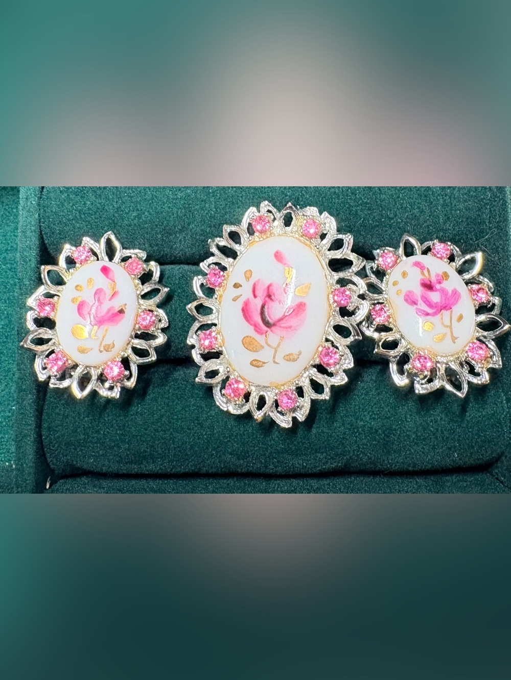 Vintage Hand Painted Pink Rose Brooch & Earrings Set • Rhinestone Filigree • 3pc